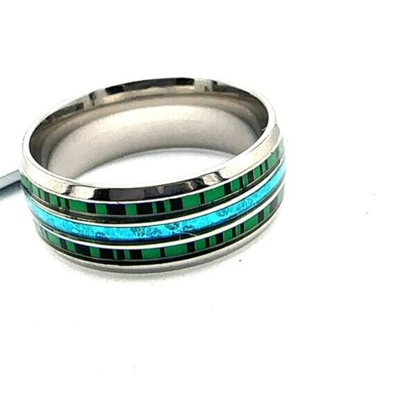 Stainless Steel Ring with Green and Blue Inlay - Picture 2 of 8